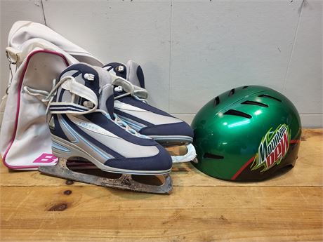 Softec Ice Skates, Mountain Dew Helmet, and Bauer Skate Bag Bundle