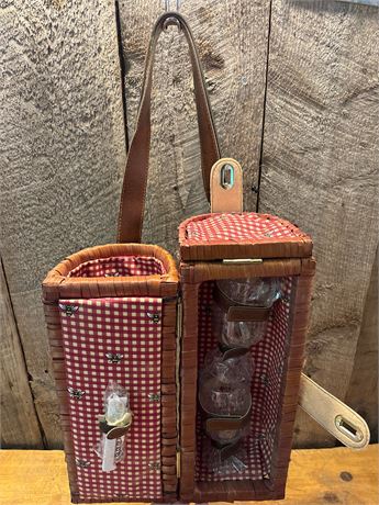 Woven Wicker Wine Picnic Carrier Basket with Wine Glasses & Corkscrew