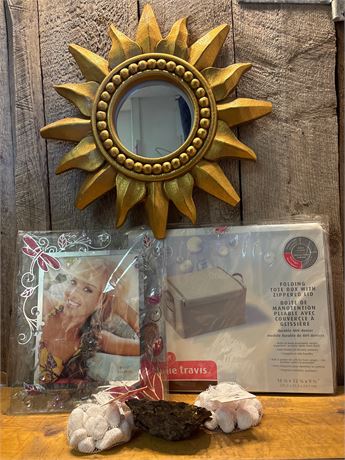 Gold Sunburst Wall Mirror, 8x10 Frame, Folding Tote Box & Decor
